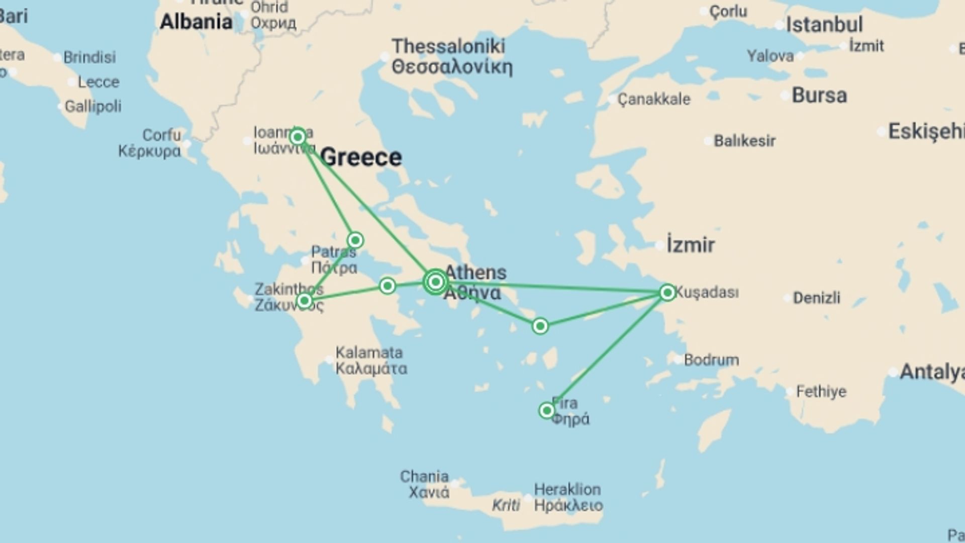 A map showing the tour itinerary for the trip: Mainland Greece And Islands, starting in Athens, Greece and ending in Athens, Greece going through 6 other destinations.