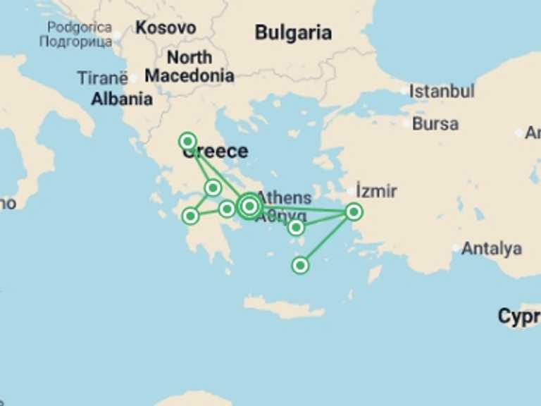 Map of Turkey Sightseeing Tour with 7 destination visits for the trip: Mainland Greece And Islands