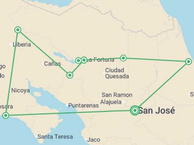 Map itinerary of Costa Rica Tour in January 2027 with 7 destination visits for the trip: Costa Rica Adventure