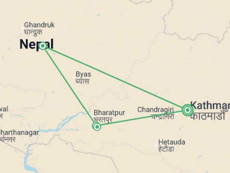 Map itinerary of Asia Tour in January 2027 with 4 destination visits for the trip: Highlights of Nepal