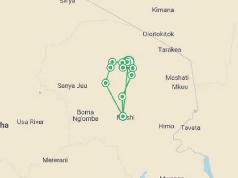 Map itinerary of Moshi Tour in Fall with 7 destination visits for the trip: Machame Route, Silver Level Climb (on Request)