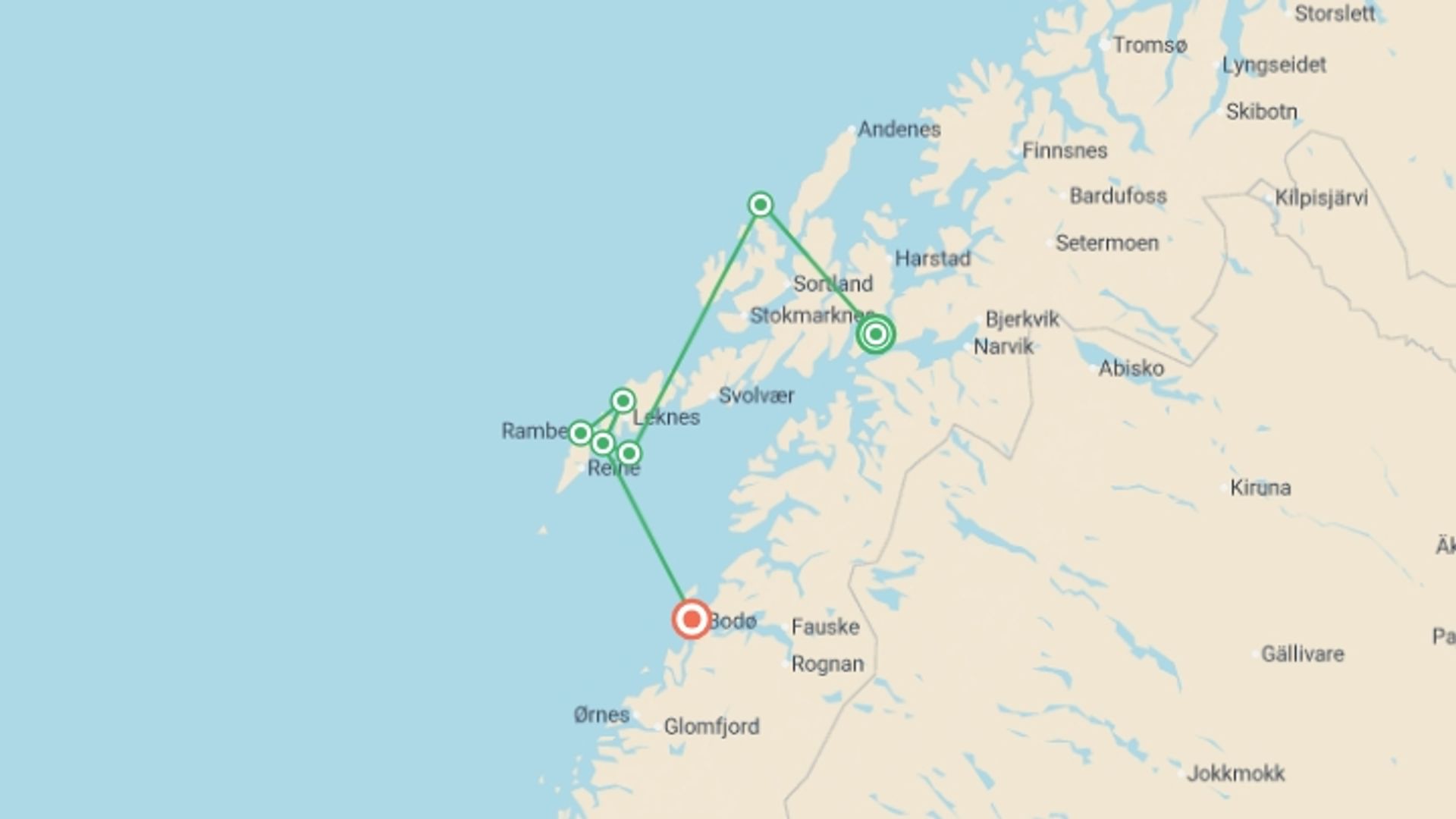 A map showing the tour itinerary for the trip: Hike the Lofoten and Vesterålen Islands, starting in Evenes, Norway and ending in Bodo, Norway going through 3 other destinations.