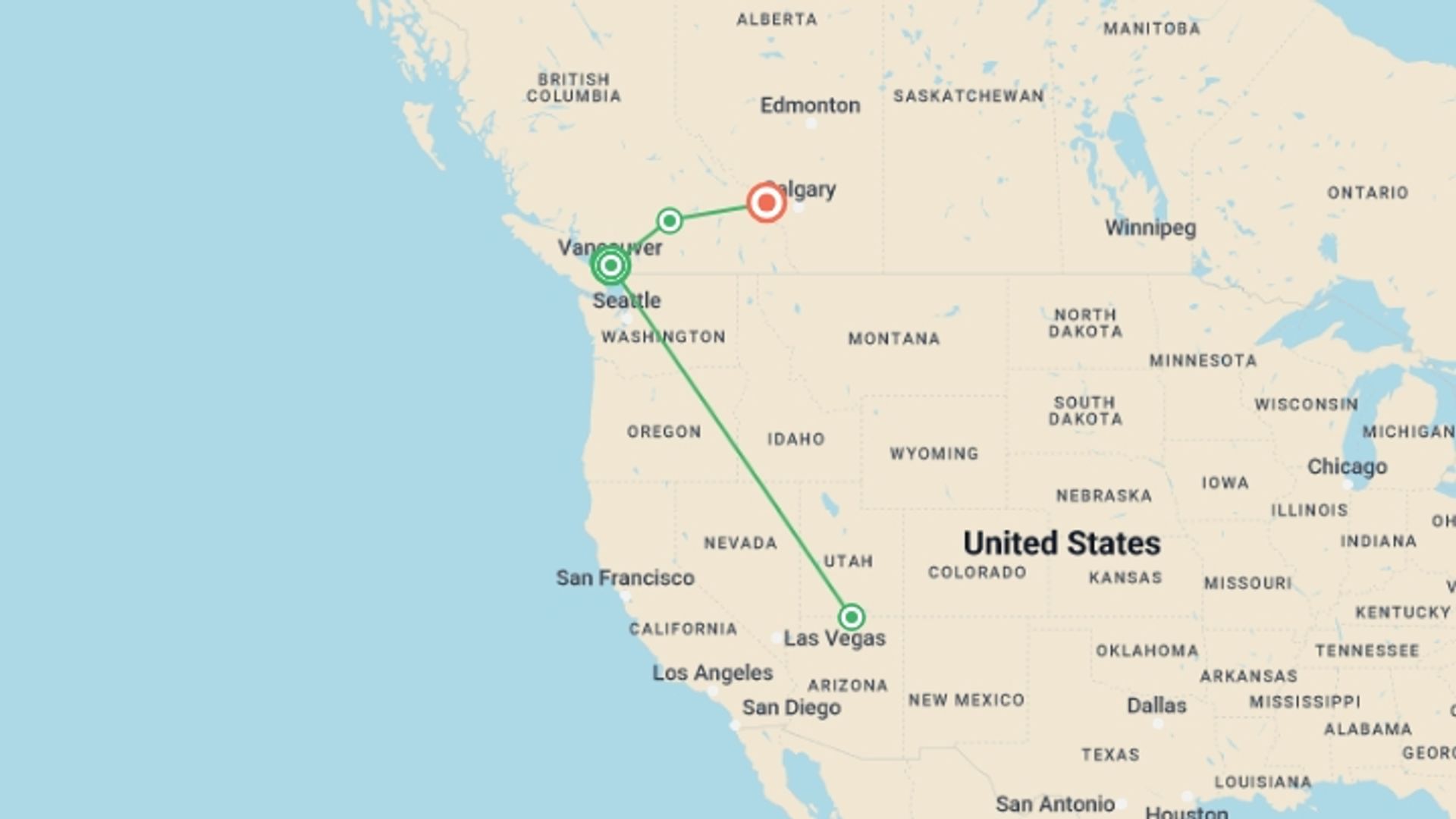A map showing the tour itinerary for the trip: Walking Canada’s Sunshine Coast, starting in Vancouver, Canada and ending in Vancouver, Canada going through 4 other destinations.
