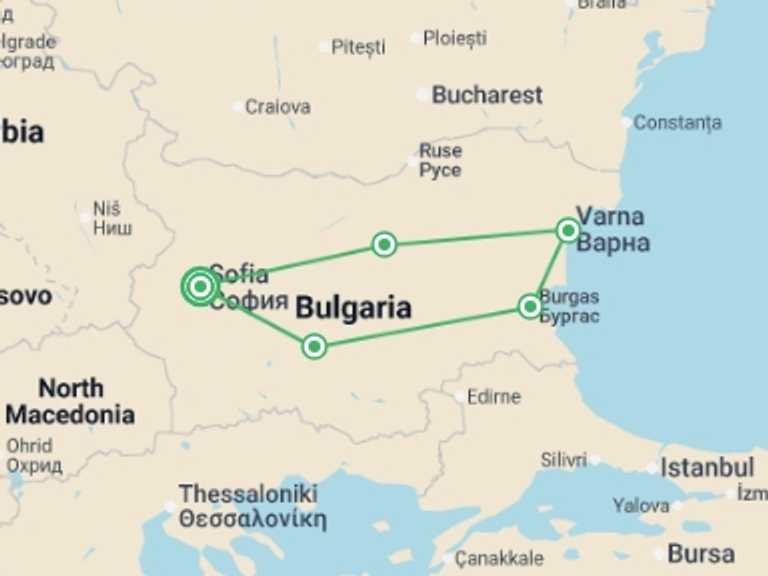 Map itinerary of Europe Tour in July 2026 with 5 destination visits for the trip: Wonders of Bulgaria