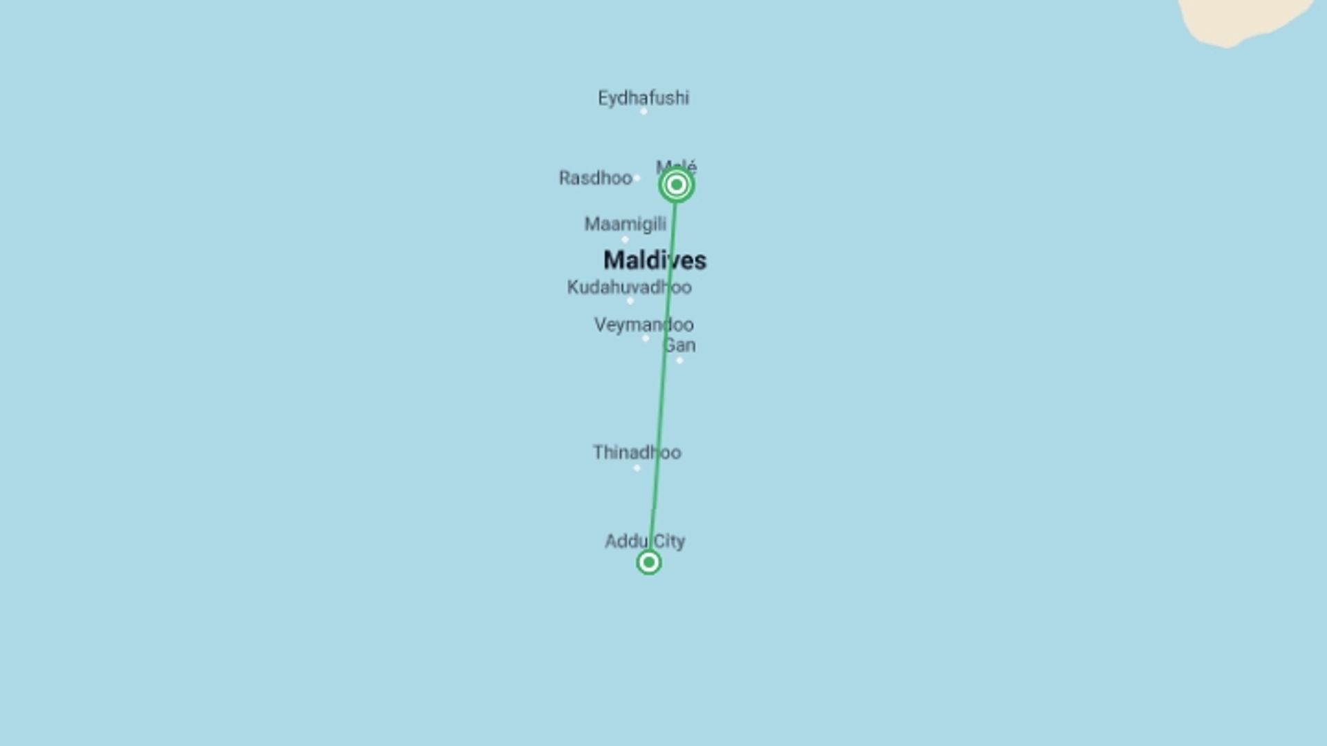 A map showing the tour itinerary for the trip: Maldives Active Adventure, starting in Male, Maldives and ending in Male, Maldives going through 1 other destinations.