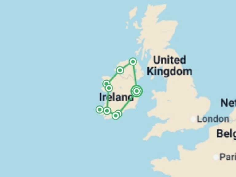 Map of Ireland Sightseeing Tour with 10 destination visits for the trip: Ireland Encompassed (Hotel) - 11 days