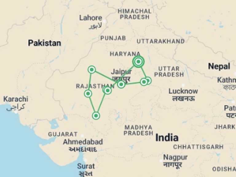 Map of India Art and architecture Tour with 7 destination visits for the trip: Special Rajasthan, 10 Days Tour