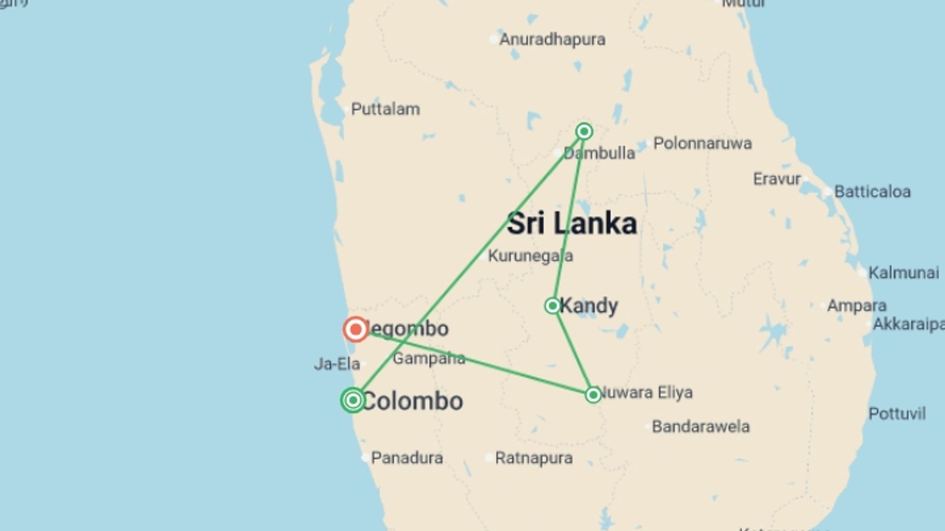 A map showing the tour itinerary for the trip: Best of Sri Lanka, starting in Colombo, Sri Lanka and ending in Negombo, Sri Lanka going through 3 other destinations.