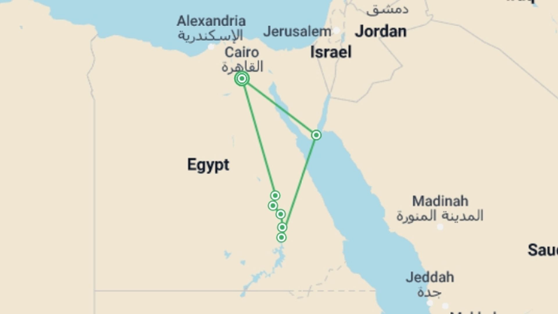 A map showing the tour itinerary for the trip: Best of Egypt, starting in Cairo, Egypt and ending in Cairo, Egypt going through 5 other destinations.