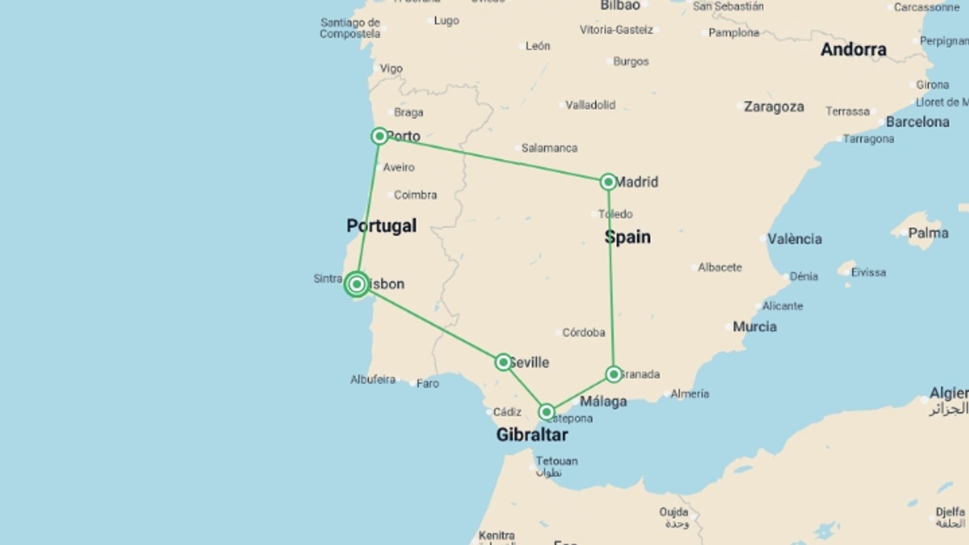 A map showing the tour itinerary for the trip: Lisbon to Andalucia, Madrid & Porto - 8 days, starting in Lisbon, Portugal and ending in Lisbon, Portugal going through 6 other destinations.
