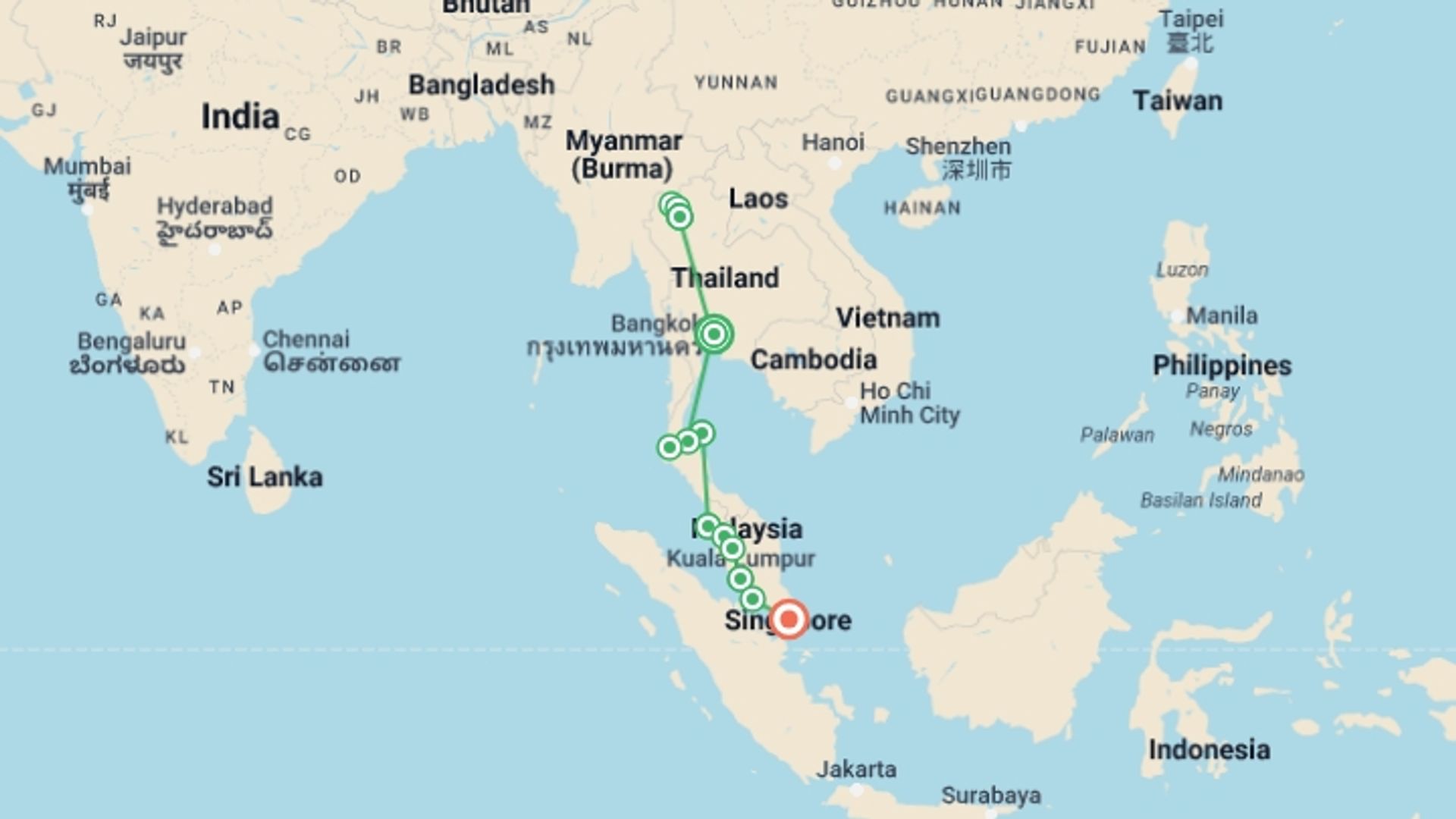 A map showing the tour itinerary for the trip: Southeast Asia: Hilltribes & Street Food, starting in Bangkok, Thailand and ending in Singapore, Singapore going through 11 other destinations.