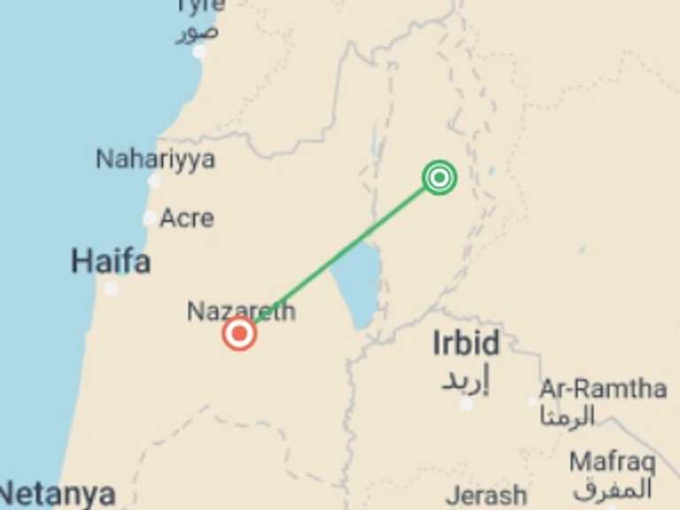 Map of a Spiritual or religious Tour with 3 destination visits for the trip: Nazareth & The Golan Heights, 2 Days From Tel Aviv