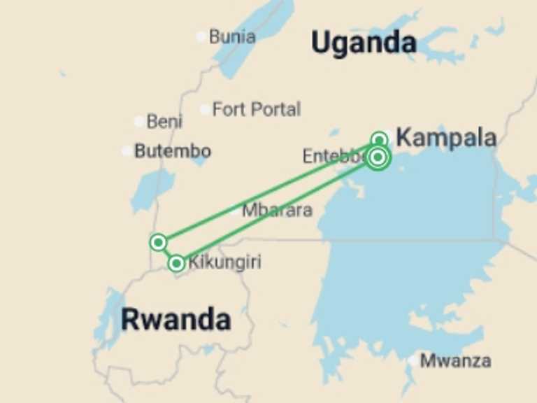 Map of Queen Elizabeth National Park Wildlife safaris and game drives Tour with 6 destination visits for the trip: 5-Day Gorilla Tour and Chimpanzee Tracking in Uganda