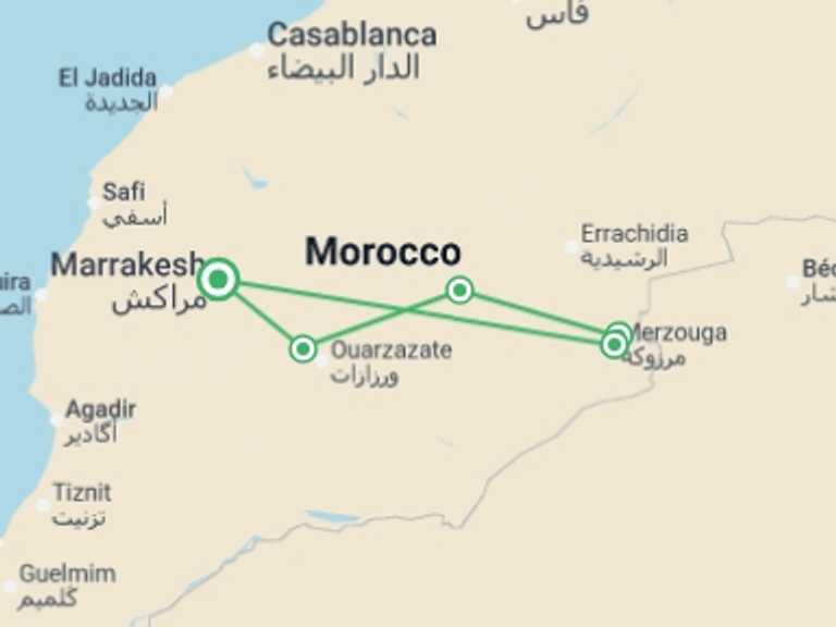 Map of Mediterranean City sightseeing Tour with 3 destination visits for the trip: Morocco Short Break: Marrakech to the Sahara