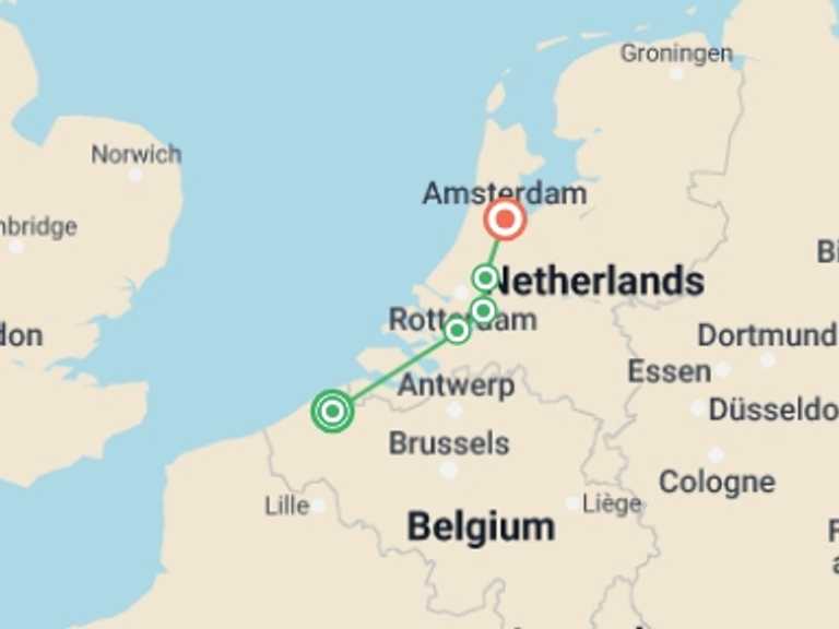 Map of a Bicycle Tour with 5 destination visits for the trip: Cycling from Bruges to Amsterdam