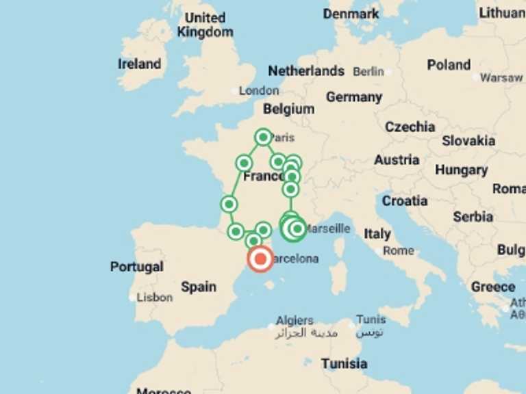 Map of Dijon City sightseeing Tour with 11 destination visits for the trip: France, Andorra and Catalonia