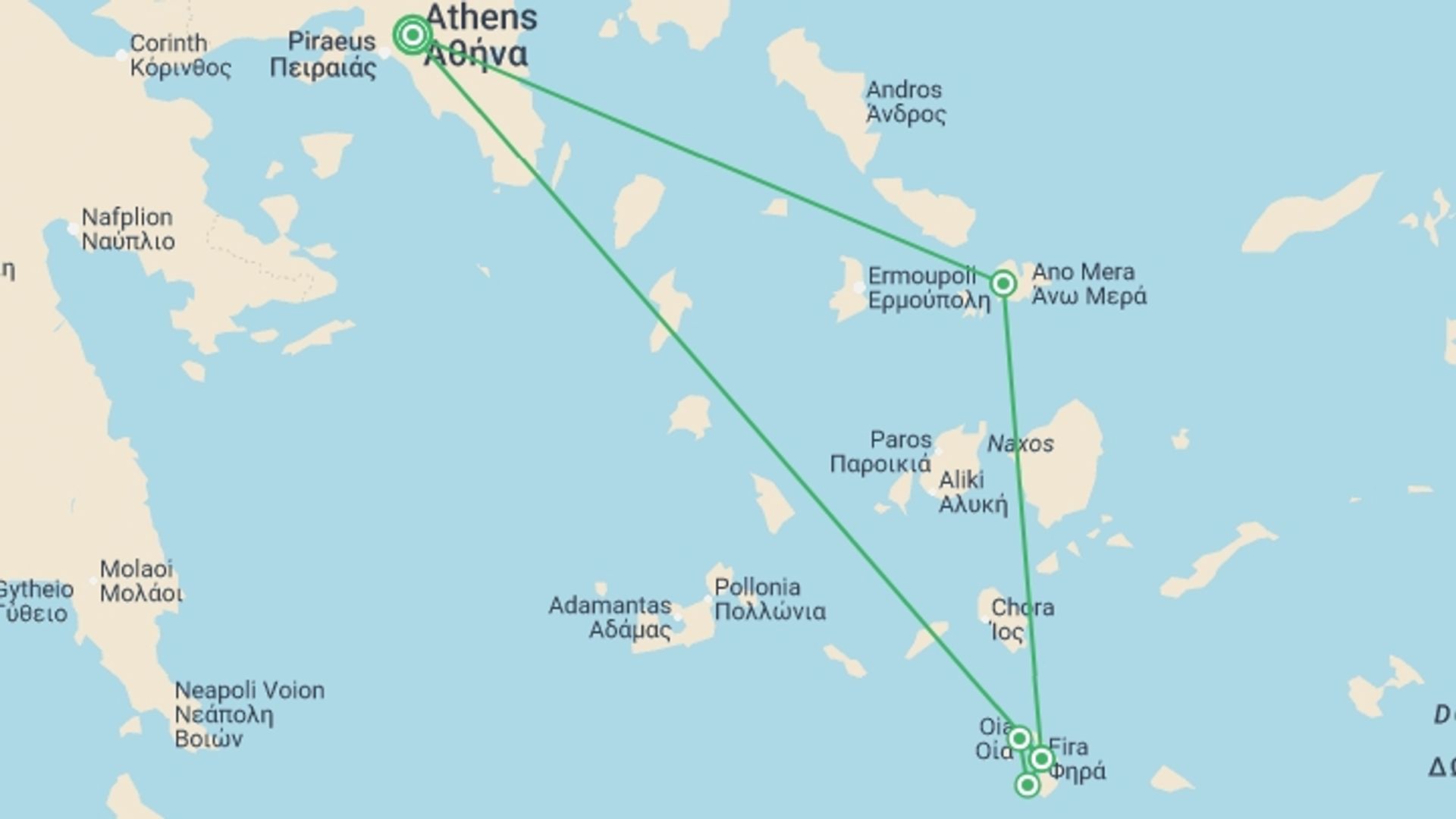 A map showing the tour itinerary for the trip: Greece Island Hopper featuring Athens, Mykonos and Santorini, starting in Athens, Greece and ending in Athens, Greece going through 2 other destinations.