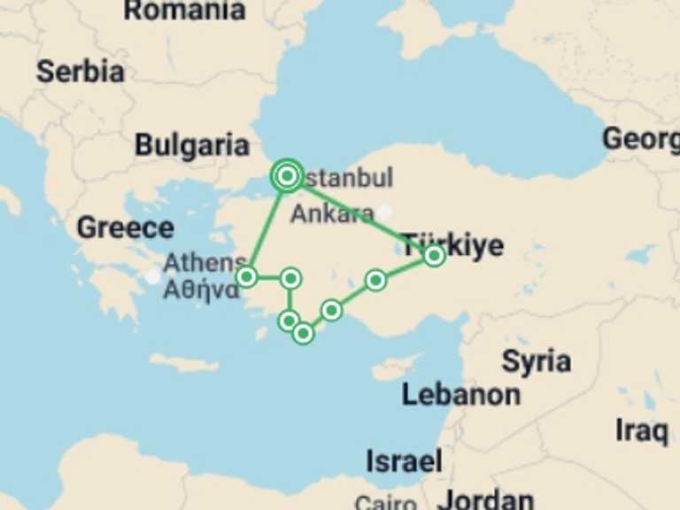 Map itinerary of Istanbul Tour in Summer with 8 destination visits for the trip: Best of Turkey