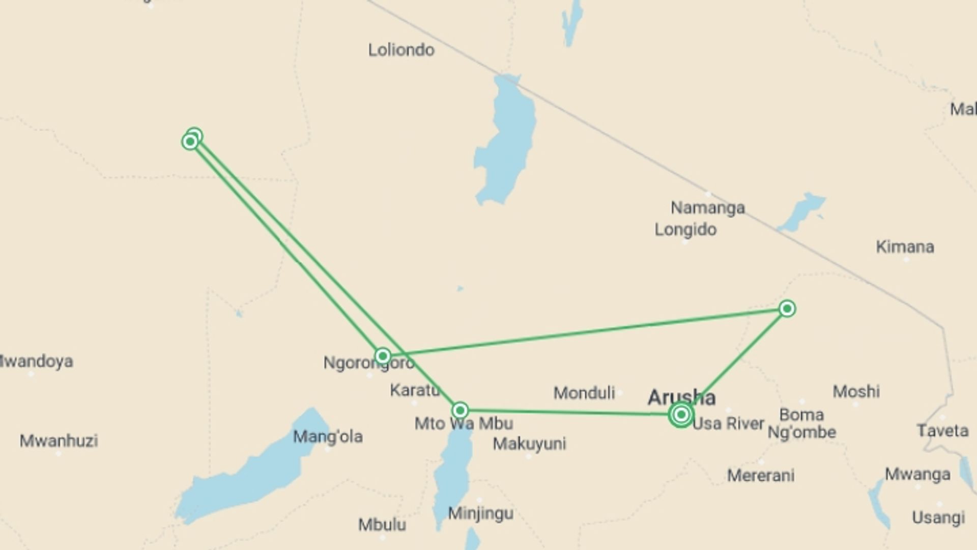 A map showing the tour itinerary for the trip: 4 Days Serengeti, Manyara, Ngorongoro Safari Tour, starting in Arusha, Tanzania and ending in Arusha, Tanzania going through 6 other destinations.