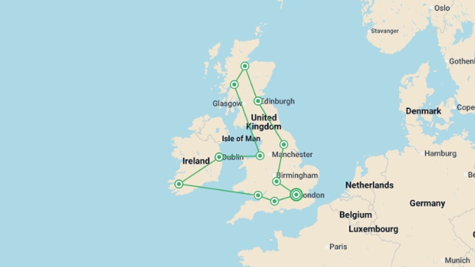 A map showing the tour itinerary for the trip: Britain & Ireland Explorer, starting in London, England and ending in London, England going through 9 other destinations.