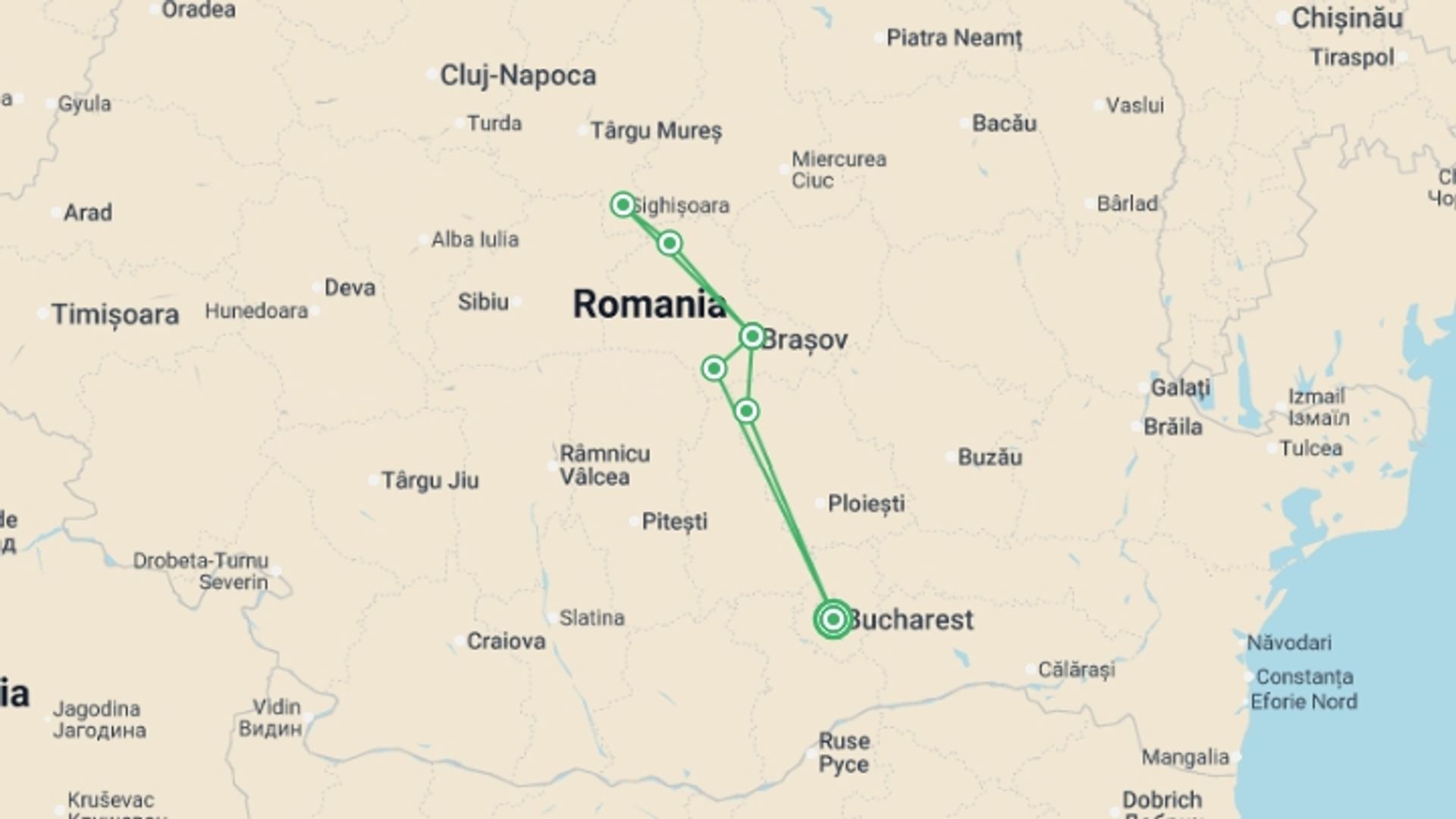 A map showing the tour itinerary for the trip: Best of Romania - 8 days, starting in Bucharest, Romania and ending in Bucharest, Romania going through 1 other destinations.