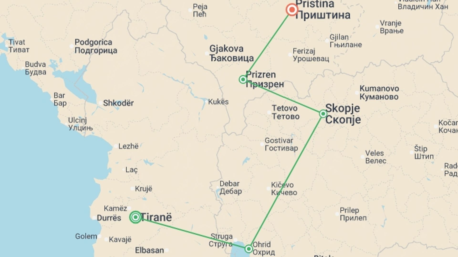 A map showing the tour itinerary for the trip: Kosovo & Macedonia Adventure: Tirana to Pristina, starting in Tirana, Albania and ending in Pristina, Kosovo going through 3 other destinations.