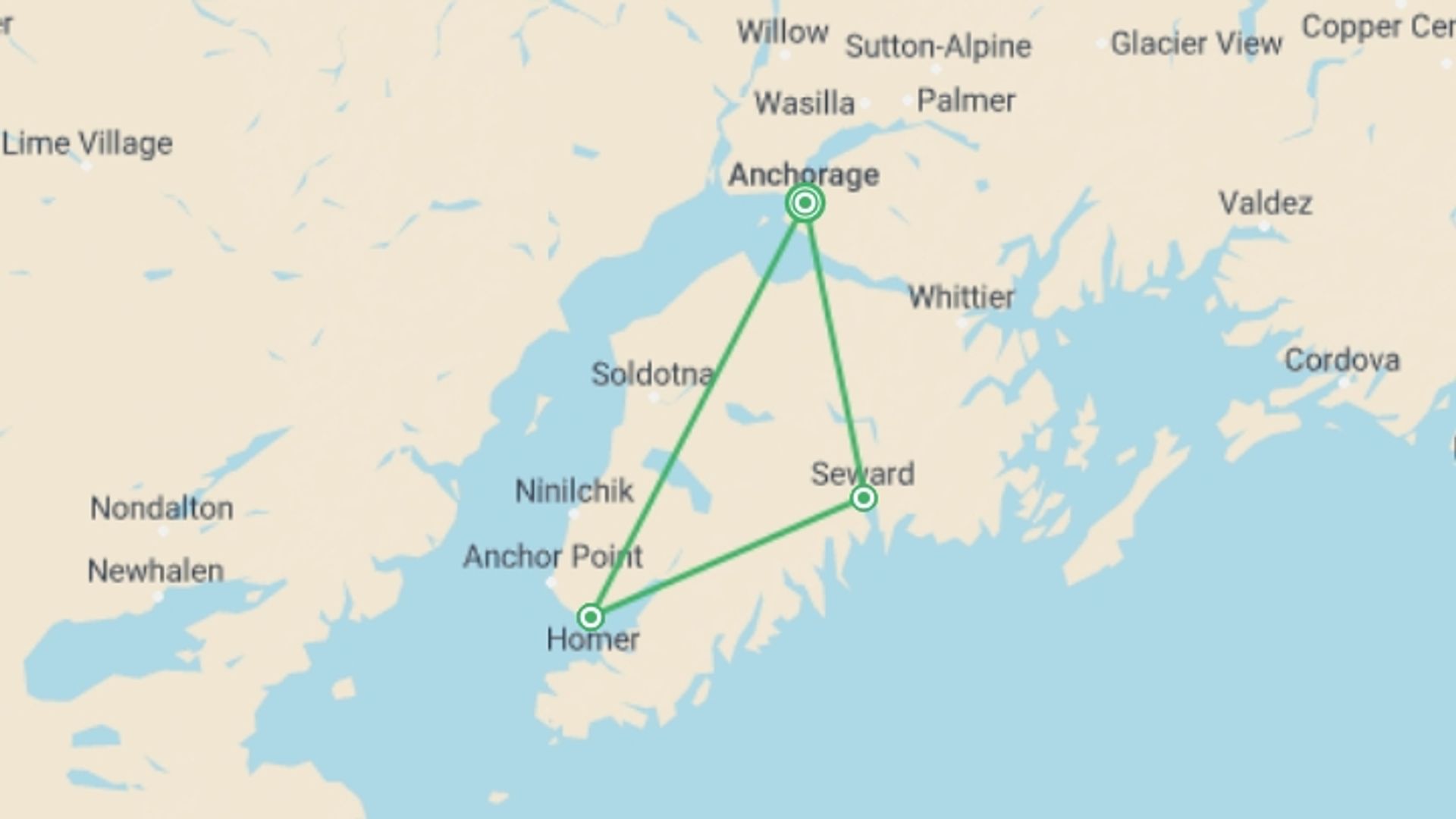 A map showing the tour itinerary for the trip: 9-Day Kenai Alaska Adventure, starting in Anchorage, USA and ending in Anchorage, USA going through 3 other destinations.