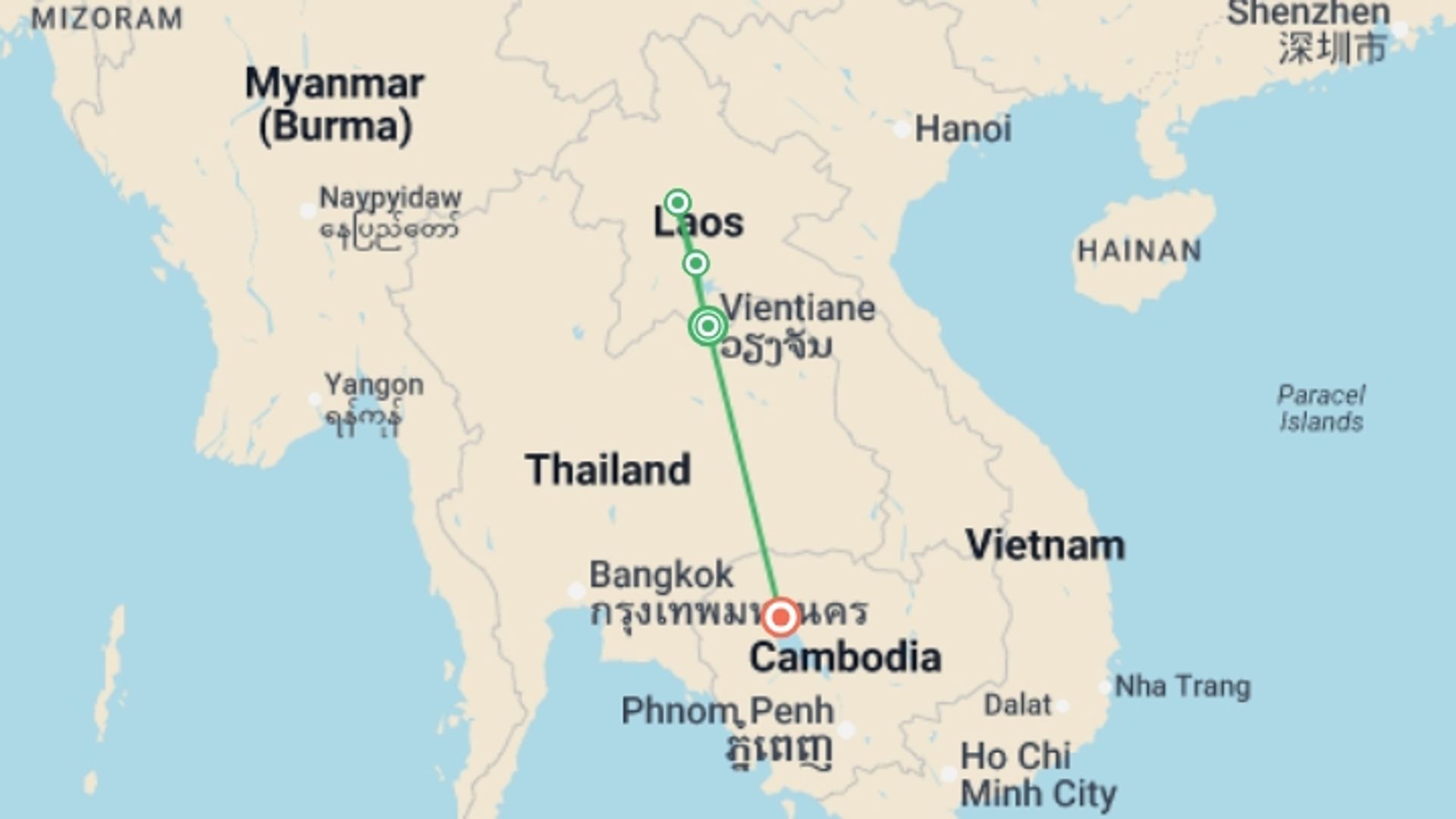 A map showing the tour itinerary for the trip: Hiking & Culture in Laos & Cambodia - 11 days, starting in Vientiane, Laos and ending in Siem Reap, Cambodia going through 2 other destinations.