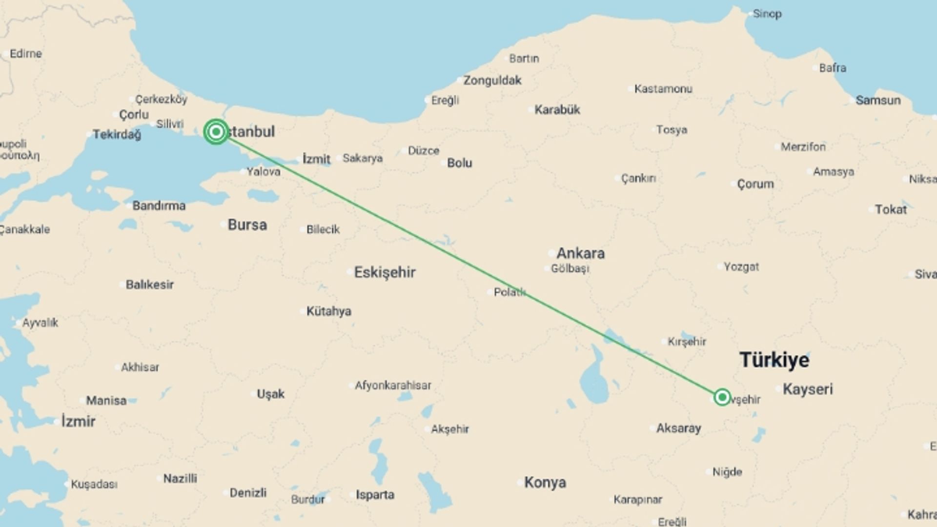 A map showing the tour itinerary for the trip: Istanbul & Cappadocia Express (5 Star) - 5 days, starting in Istanbul, Turkey and ending in Istanbul, Turkey going through 1 other destinations.