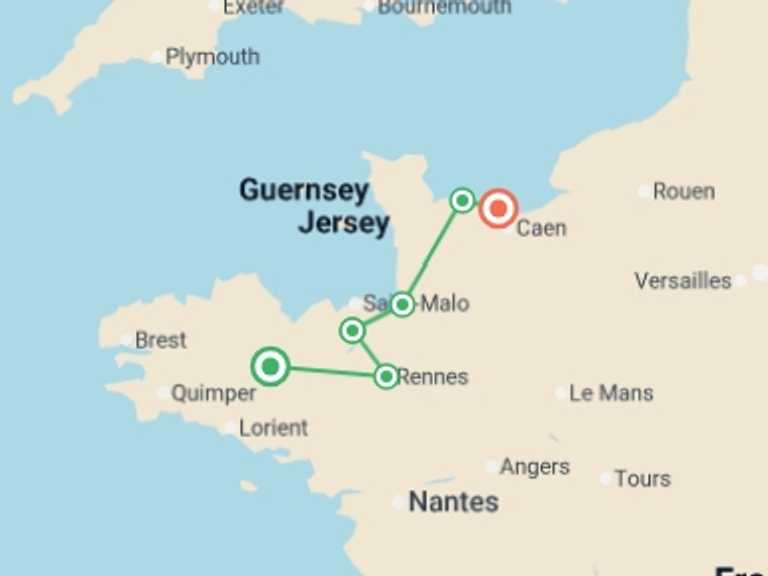 Map of 7-Day Europe Tour with 7 destination visits for the trip: Cycle Northern France: Brittany to Normandy
