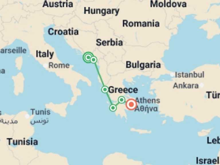 Map itinerary of Europe Tour in Fall with 6 destination visits for the trip: Mediterranean Getaway: a cruise exploring the treasures of Greece and the Adriatic - from the ramparts of Dubrovnik to the Acropolis of Athens (port-to-port cruise)