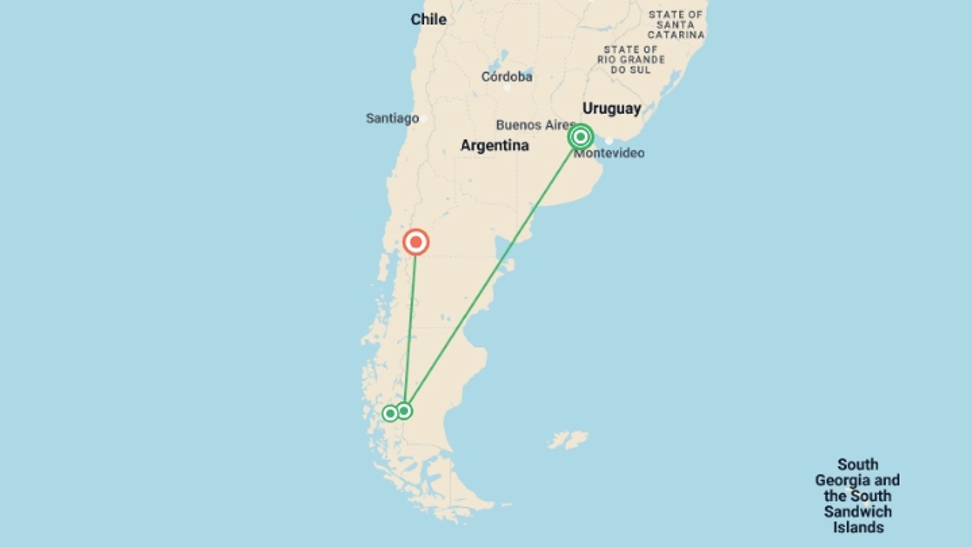 A map showing the tour itinerary for the trip: Buenos Aires & Patagonia Family Exploration, starting in Buenos Aires, Argentina and ending in San Carlos de Bariloche, Argentina going through 3 other destinations.