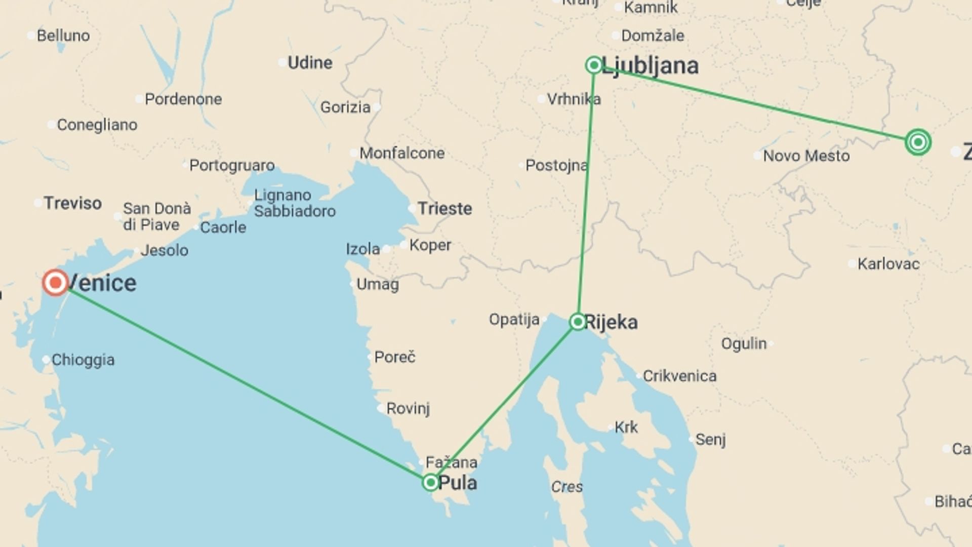 A map showing the tour itinerary for the trip: Adriatic Escape, starting in Zagreb, Croatia and ending in Venice, Italy going through 3 other destinations.