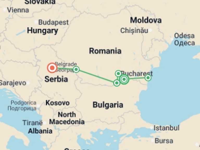 Map of Eastern Europe Cruise Tour with 6 destination visits for the trip: From the Shores of the Black Sea to Belgrade - A Cruise into the Heart of the Balkans (port to port)