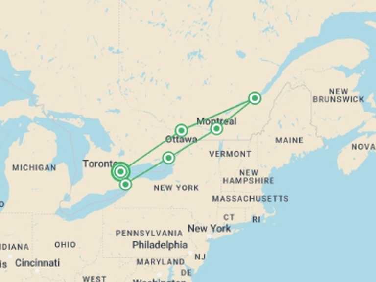 Map of 9-Day Canada Tour with 7 destination visits for the trip: Eastern Canada Explorer