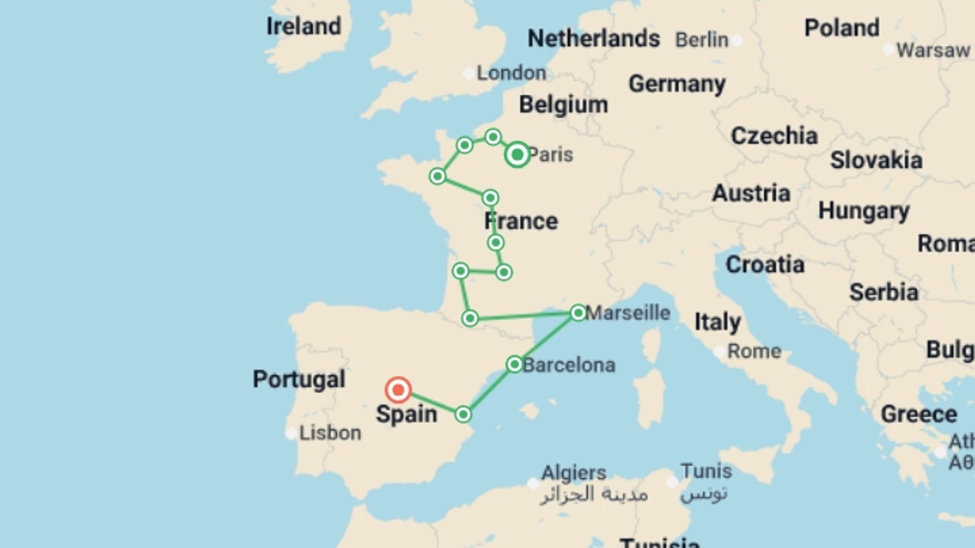 A map showing the tour itinerary for the trip: Normandy, all of France and Spain, starting in Paris, France and ending in Madrid, Spain going through 9 other destinations.