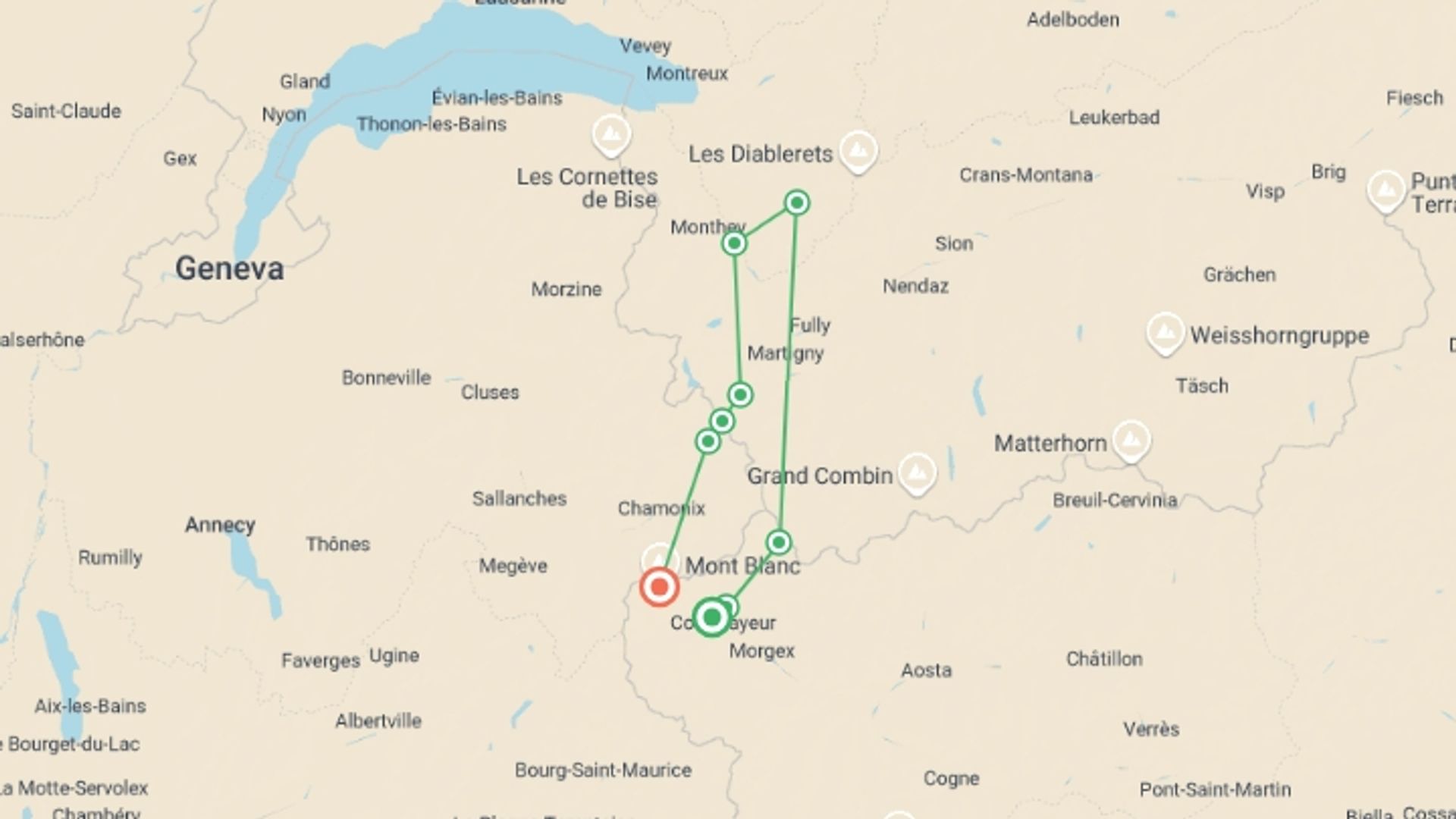 A map showing the tour itinerary for the trip: Mont Blanc Family Guided Hike From Italy, starting in Courmayeur, Italy and ending in Mont Blanc, France going through 9 other destinations.