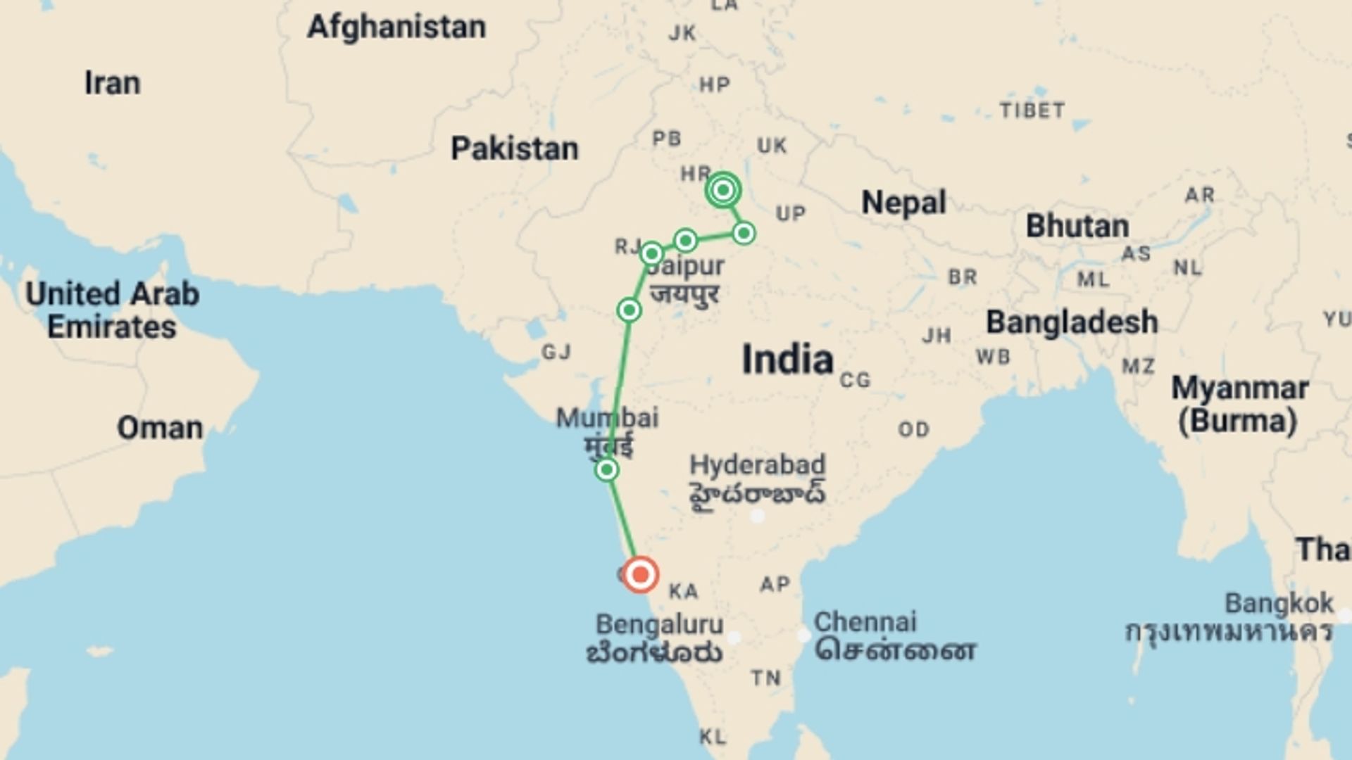 A map showing the tour itinerary for the trip: Delhi to Goa, starting in New Delhi, India and ending in Goa, India going through 5 other destinations.