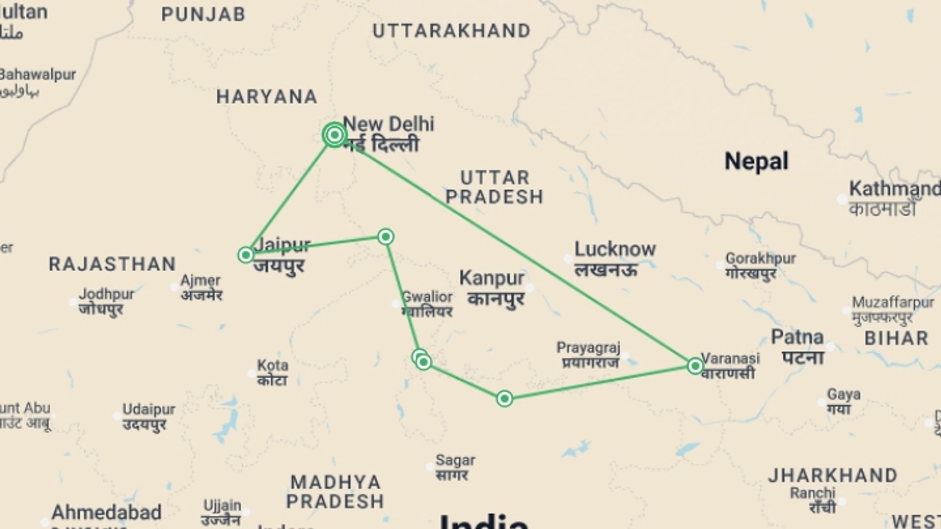 A map showing the tour itinerary for the trip: Jewel in the Crown - 11 days, starting in New Delhi, India and ending in New Delhi, India going through 5 other destinations.