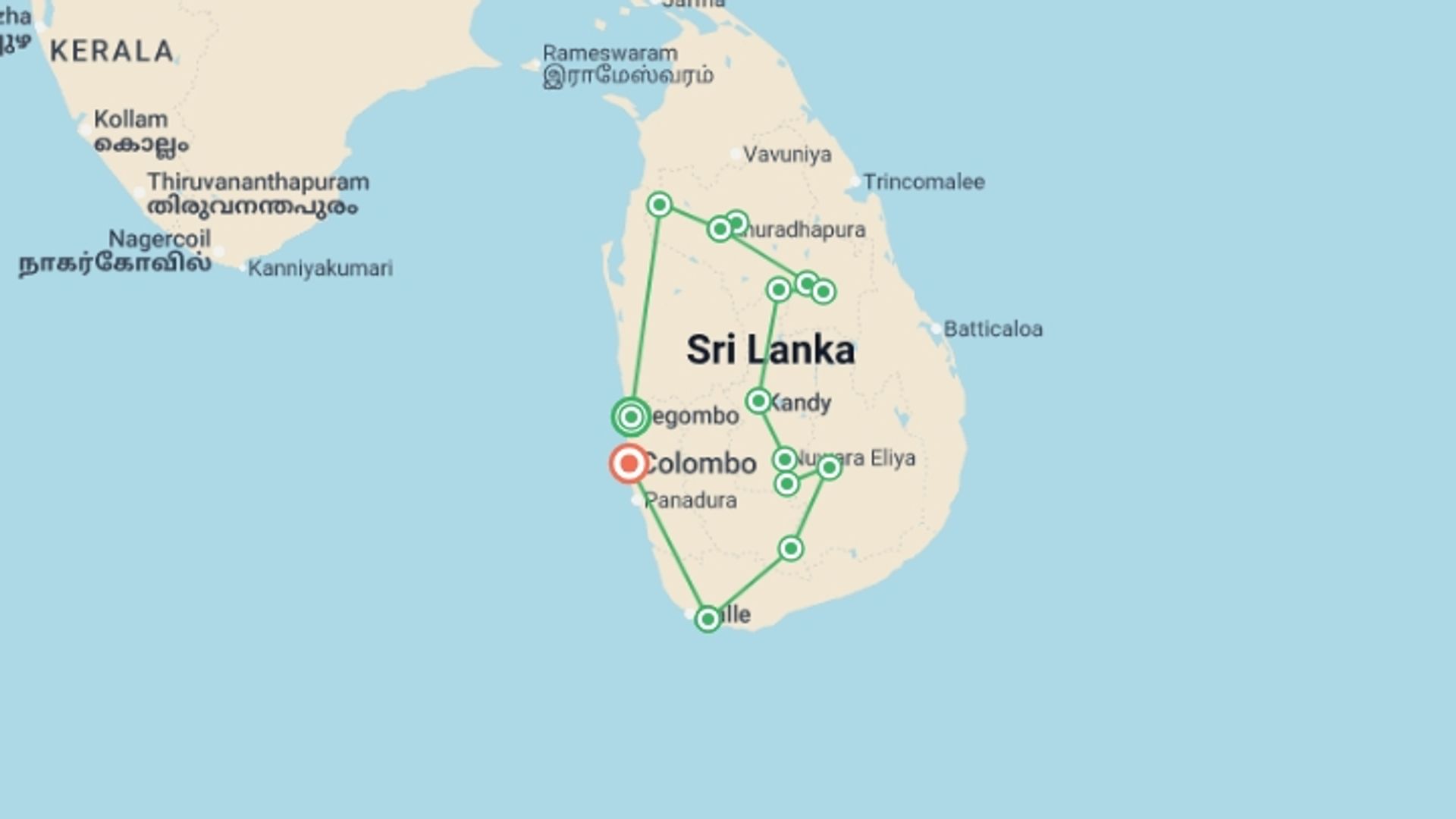 A map showing the tour itinerary for the trip: Sri Lanka in Depth, starting in Negombo, Sri Lanka and ending in Colombo, Sri Lanka going through 9 other destinations.