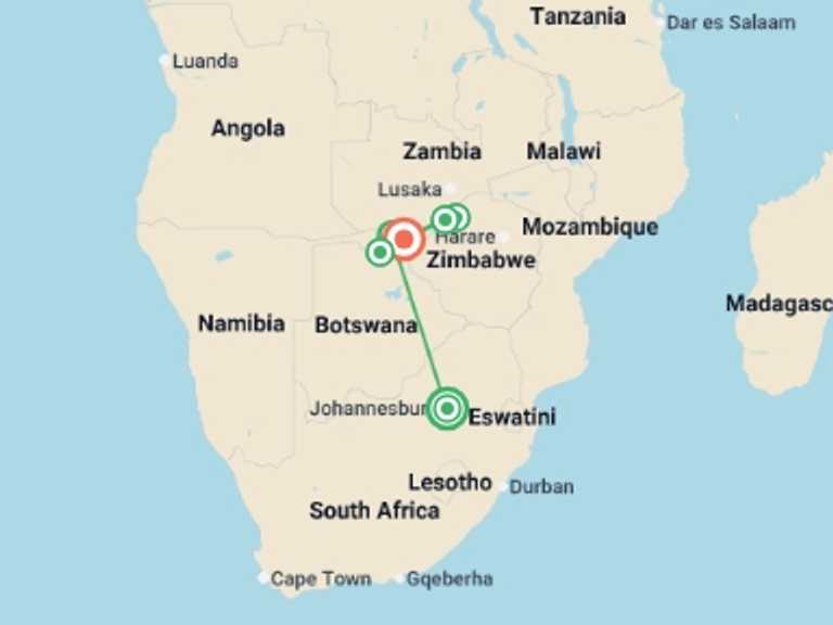 Map itinerary of Africa Tour in March 2027 with 7 destination visits for the trip: Safari Cruise along the Zambezi River - South Africa, Botswana, Namibia, Zimbabwe (port-to-port cruise)