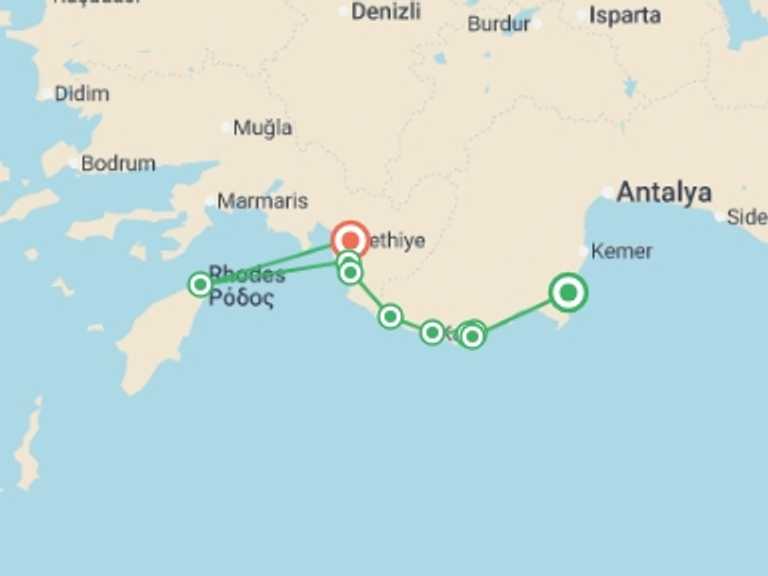 Map itinerary of Turkey Tour in September 2025 with 5 destination visits for the trip: Olympos to Fethiye Express - 4 days