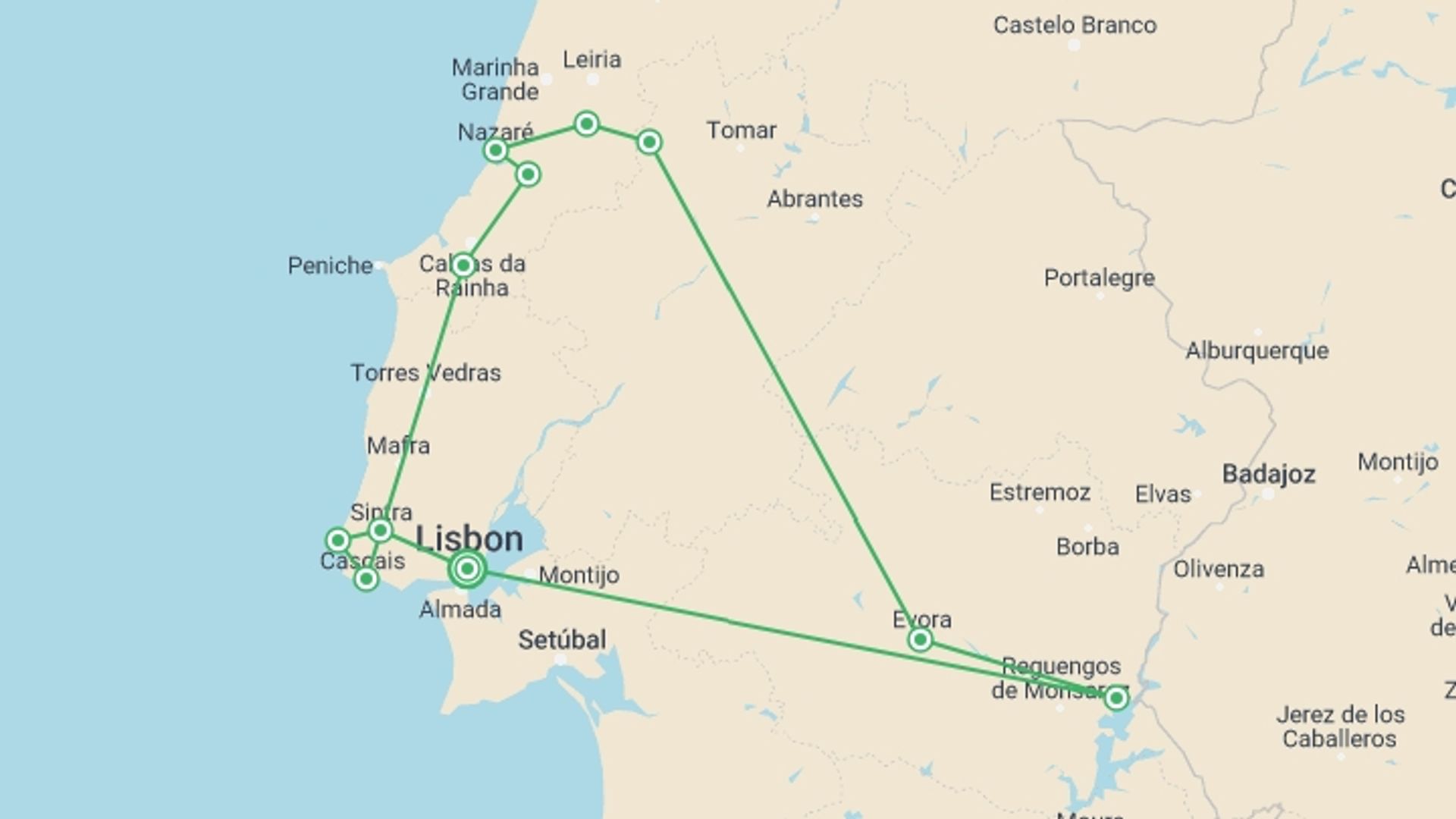 A map showing the tour itinerary for the trip: Wonders of Portugal, starting in Lisbon, Portugal and ending in Lisbon, Portugal going through 3 other destinations.