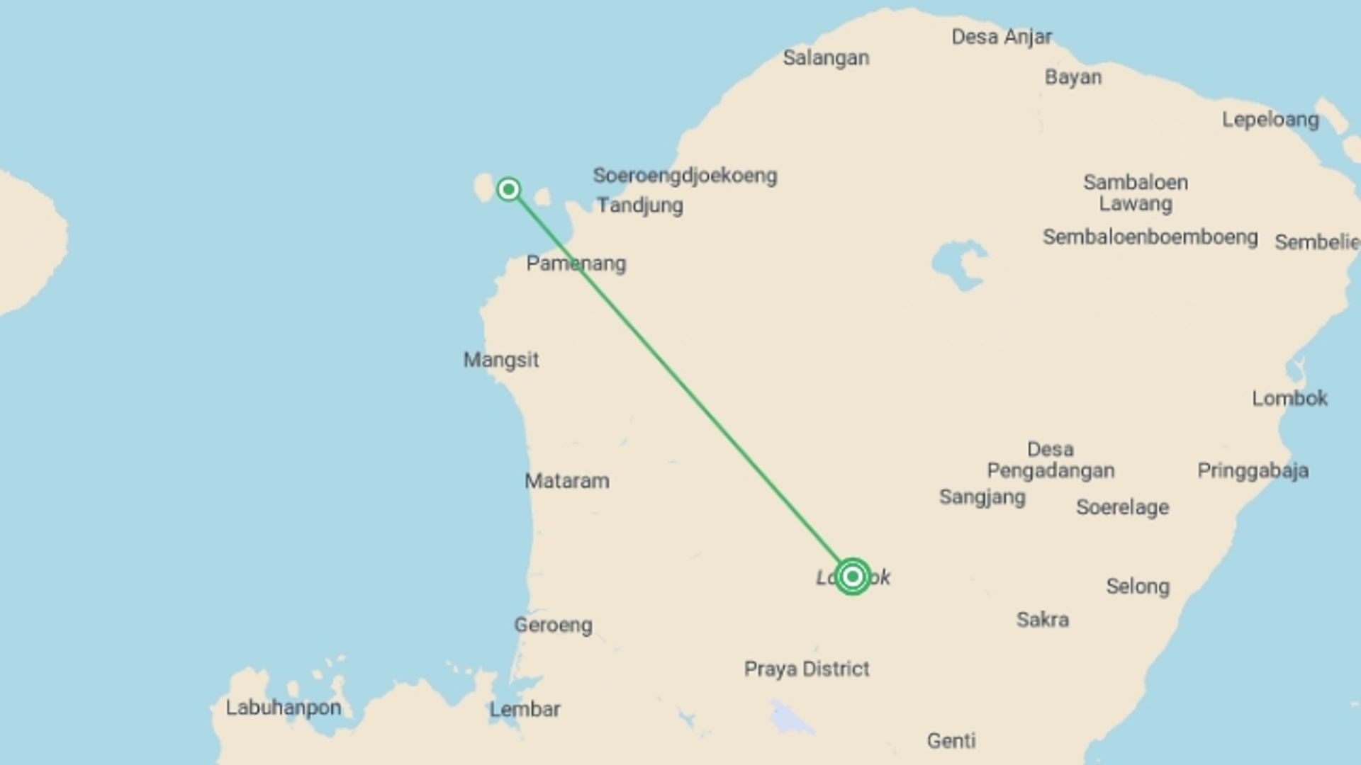 A map showing the tour itinerary for the trip: Six-Day Adventure in Lombok for Thrill-Seeker, starting in Lombok, Indonesia and ending in Lombok, Indonesia going through 1 other destinations.