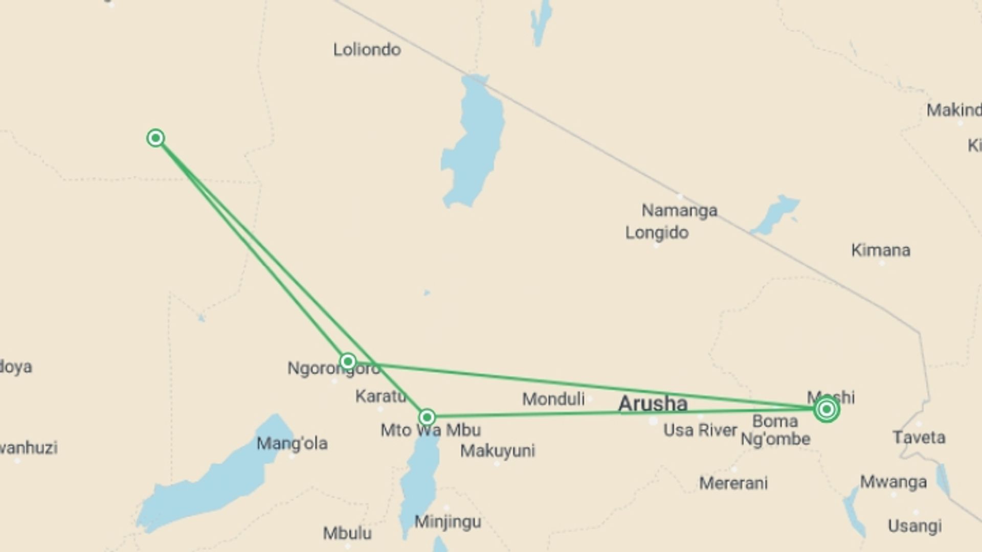 A map showing the tour itinerary for the trip: 5 days Safari - Manyara,Ngorongoro and Serengeti, starting in Moshi, Tanzania and ending in Moshi, Tanzania going through 4 other destinations.