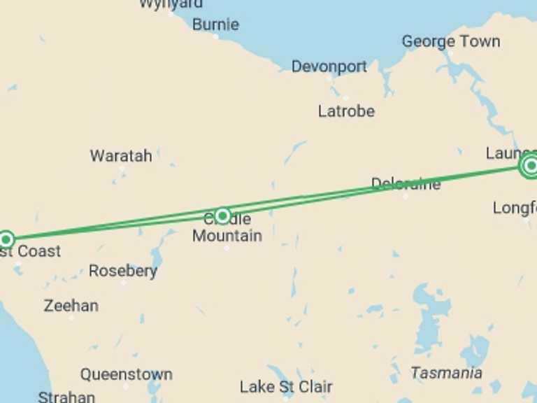 Map itinerary of Oceania Tour in March 2027 with 4 destination visits for the trip: Walk Tasmania's Tarkine & Cradle Mountain