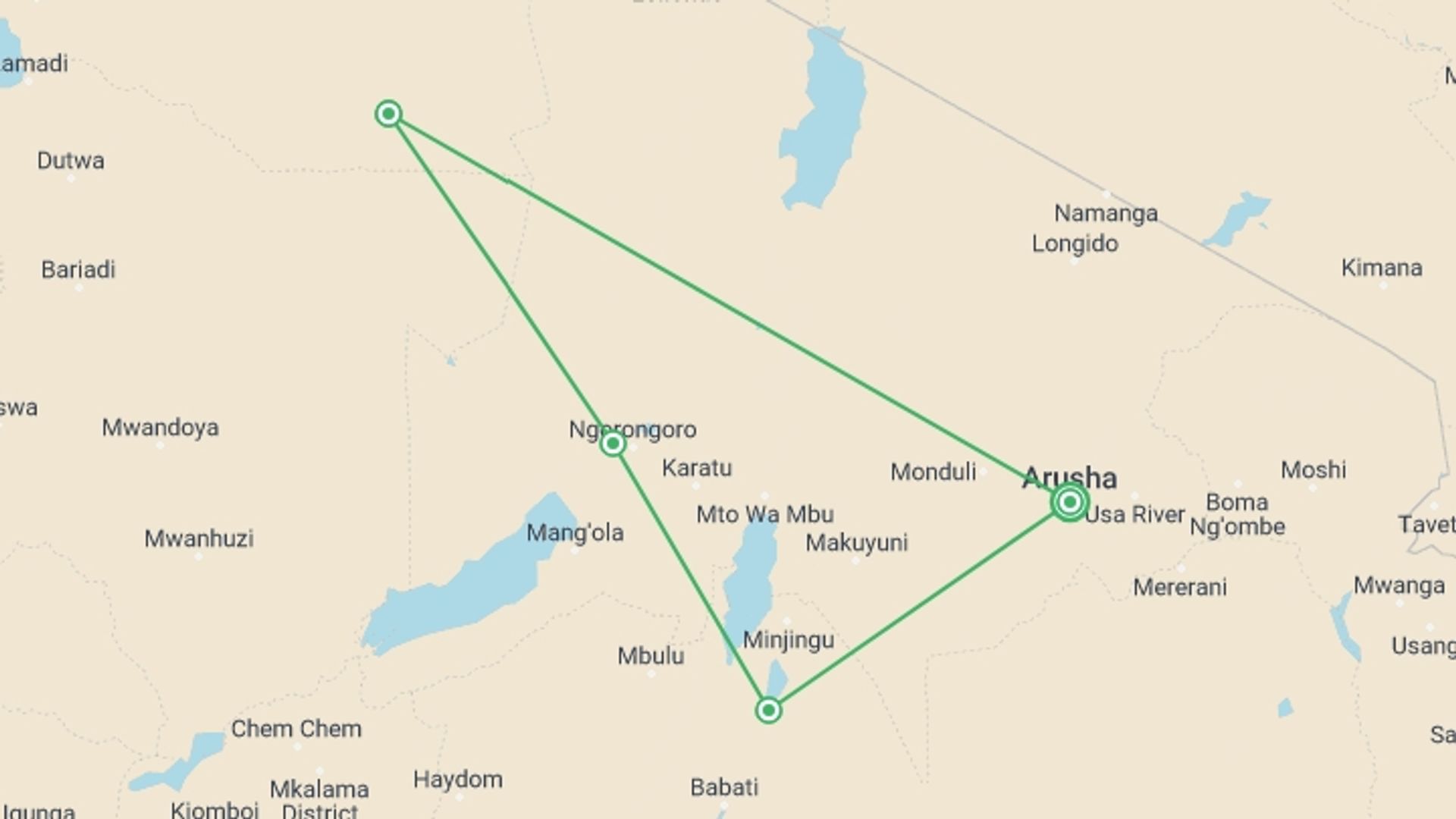 A map showing the tour itinerary for the trip: Highlights Of Tanzania (on Request), starting in Arusha, Tanzania and ending in Arusha, Tanzania going through 4 other destinations.