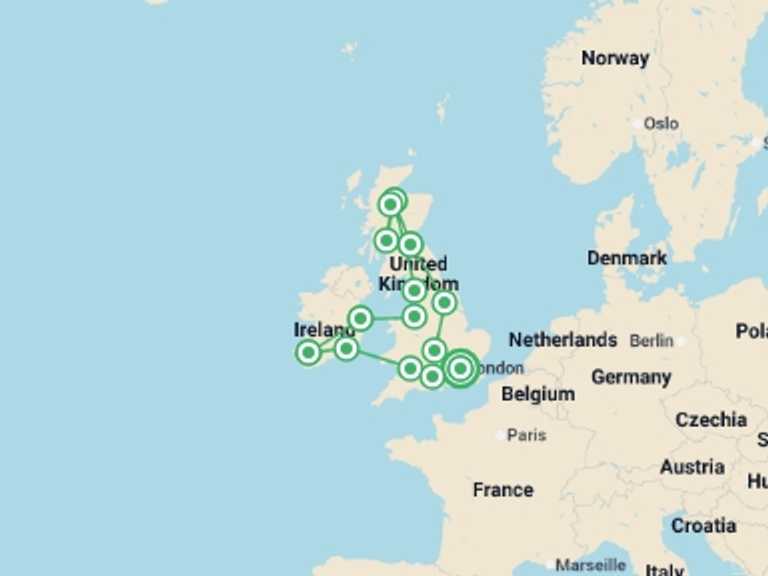Map of Europe Tour with 11 destination visits for the trip: Britain & Ireland Explorer
