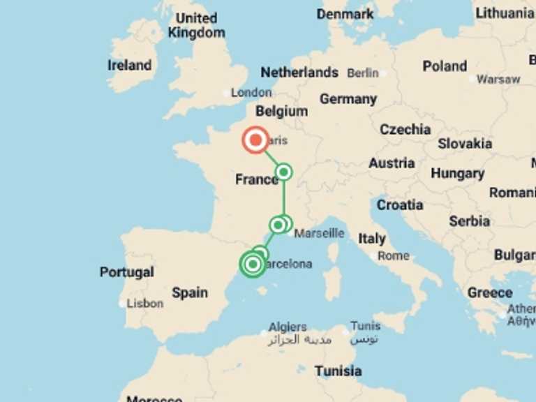 Map itinerary of Paris Tour in October 2026 with 5 destination visits for the trip: Barcelona to Paris