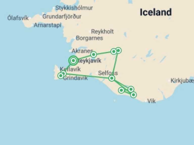 Map itinerary of Reykjavik Tour in Summer with 2 destination visits for the trip: Land of Midnight Sun & Solar Eclipse 2026 Comfort - 5 days